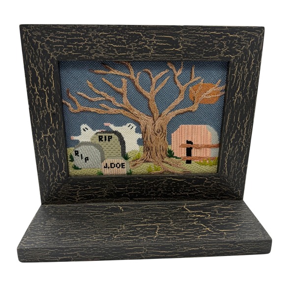 Handmade Other - Halloween Needlepoint Framed Ghost Graveyard Spooky Shelf Sitter Handmade Art